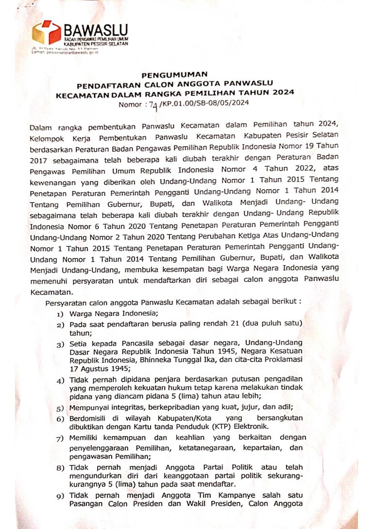 Bawaslu Pessel PENGUMUMAN PENDAFTARAN CALON ANGGOTA PANWASLU KECAMATAN DI KABUPATEN PESISIR SELATAN UNTUK PILKADA TAHUN 2024