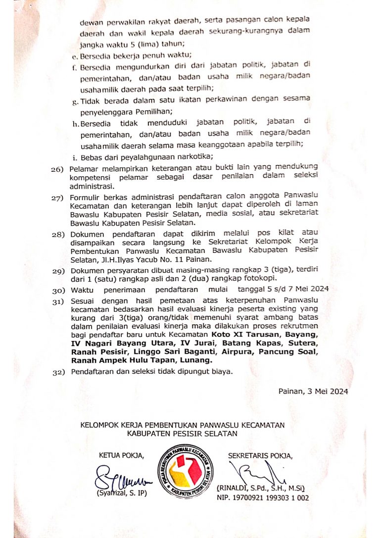 Panwascam Pesisir Selatan PENGUMUMAN PENDAFTARAN CALON ANGGOTA PANWASLU KECAMATAN DI KABUPATEN PESISIR SELATAN UNTUK PILKADA TAHUN 2024